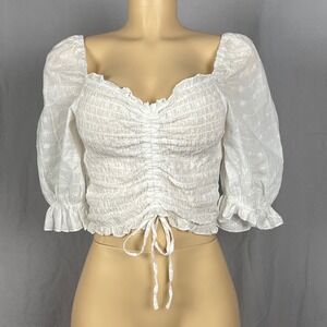 Peasant Eyelet Smocked Crop Top Womens Medium White Boho Cottagecore coquette